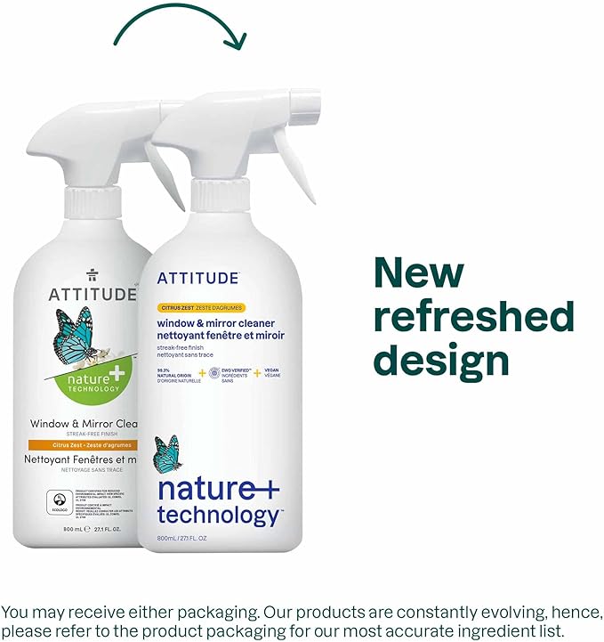 ATTITUDE Window & Mirror Cleaner, EWG Verified, Plant- & Mineral-Based, Vegan & Streak-Free Glass Spray, Citrus Zest Scent, 27.1 Fl Oz