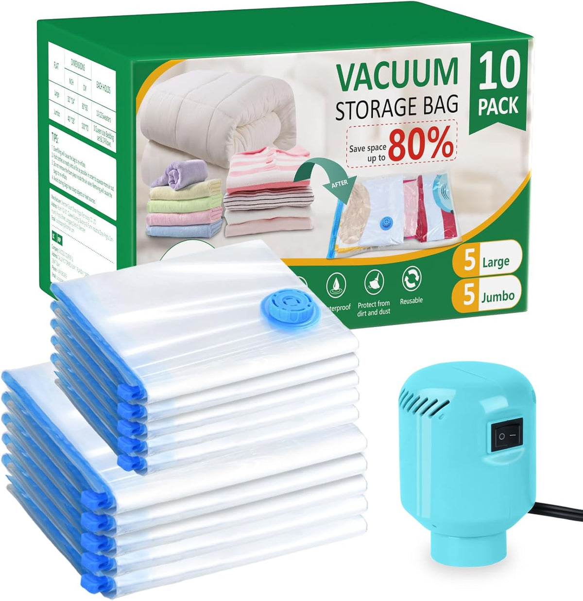 Vacuum Seal Bags for Clothing with Electric Pump, 10 Pack(5 Jumbo/5 Large Vacuum Storage Bags) Space bags vacuum Packing Bag for Travel Luggage Blankets Comforters Vaccine Sealed Storage Bag