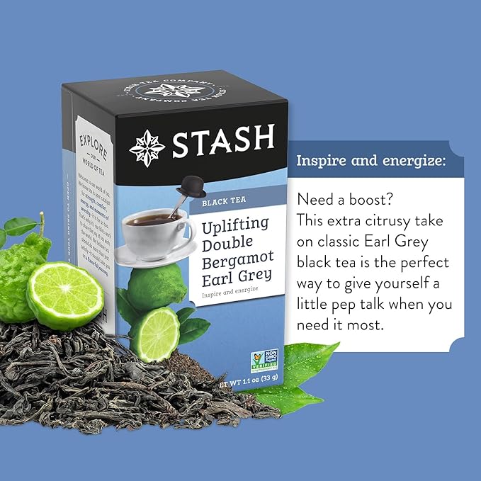 Stash Tea Double Bergamot Earl Grey Black Tea - Caffeinated, Non-GMO Project Verified Premium Tea with No Artificial Ingredients, 18 Count (Pack of 6) - 108 Bags Total
