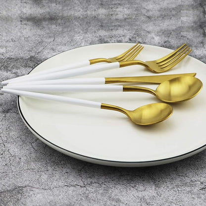 Gugrida 20-Piece 18/10 Stainless Steel Flatware Silverware, Luxury Dinnerware Set Travel Cutlery Tableware Include Knife Fork Spoon Service for 4, Dishwasher Safe (White Handle Matte Gold)
