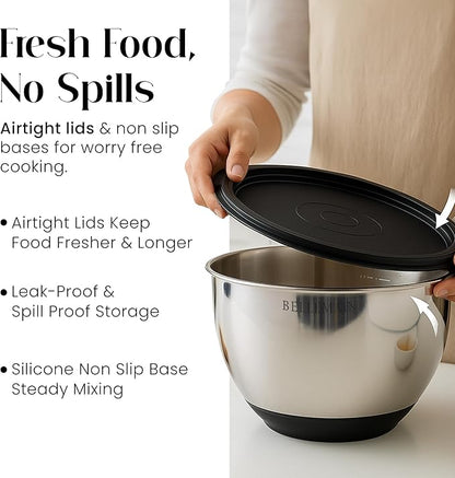 Bellemain Mixing Bowls with Lids Set - Stainless Steel Mixing Bowls with Airtight Lids - Food Storage Containers - 3PCS Set with Non-Slip Bottoms Kitchen Essentials for Baking - Serving