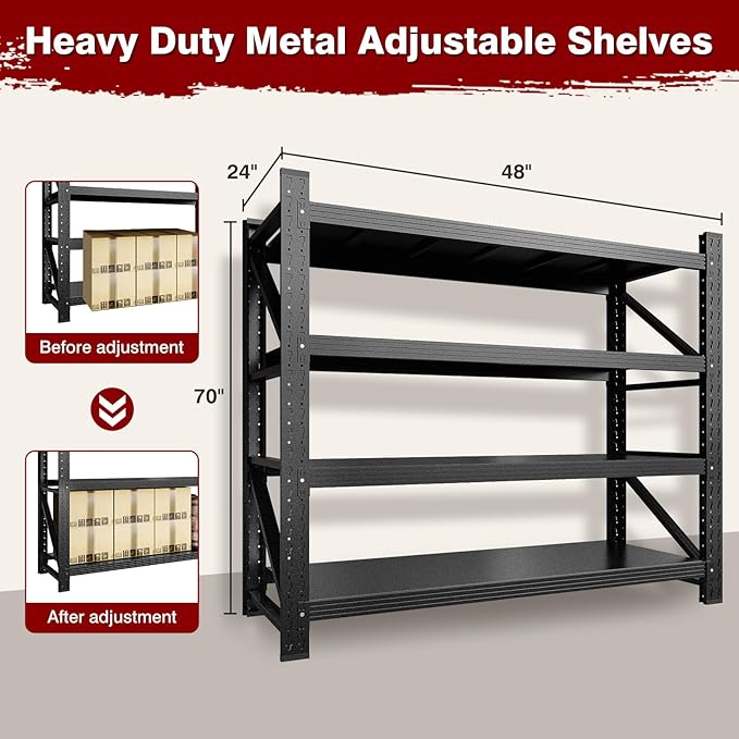 5000LBS Metal Steel Storage Shelves - 71.3" W Black 4 Tier Heavy Duty Rack Commercial Industrial Shelving with Adjustable Shelf for Basement Garage Warehouse - 71.3" W x 24" D x 70" H