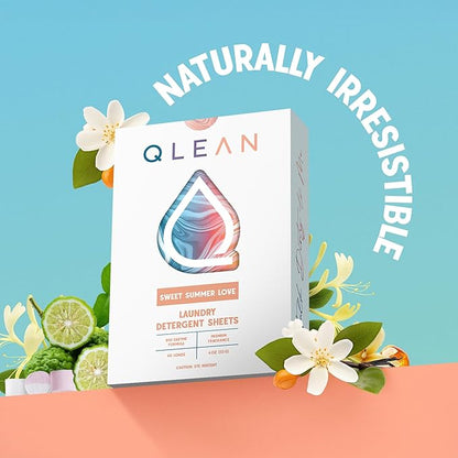 QLEAN Laundry Detergent Sheets – Travel-Friendly, HE & Standard Washer Safe, Liquidless Laundry Soaps, Quick-Dissolving Formula, Skin-Friendly (120 Loads, Sweet Summer Love)