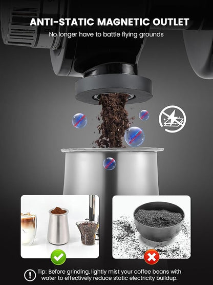 Huanyu Stainless Steel Coffee Grinder Electric with 8 Grinding Settings Flat Burr Coffee Grinder Adjustable Burr Coffee Grinders for Home Use Black
