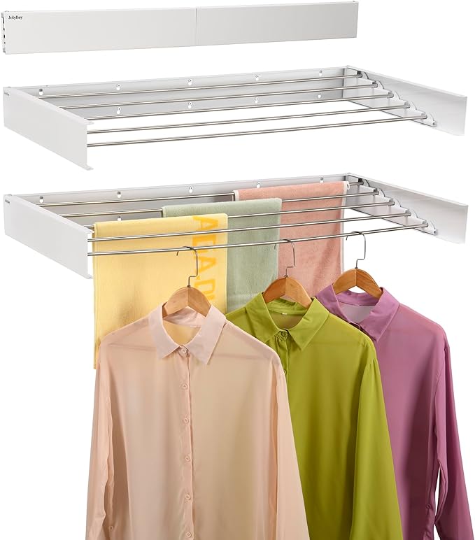 Wall Mounted Laundry Drying Rack, Retractable Clothes Drying Rack for Bathroom with Wall Template, 5 Stainless Rods Heaving 60 lb Capacity (White, 40")