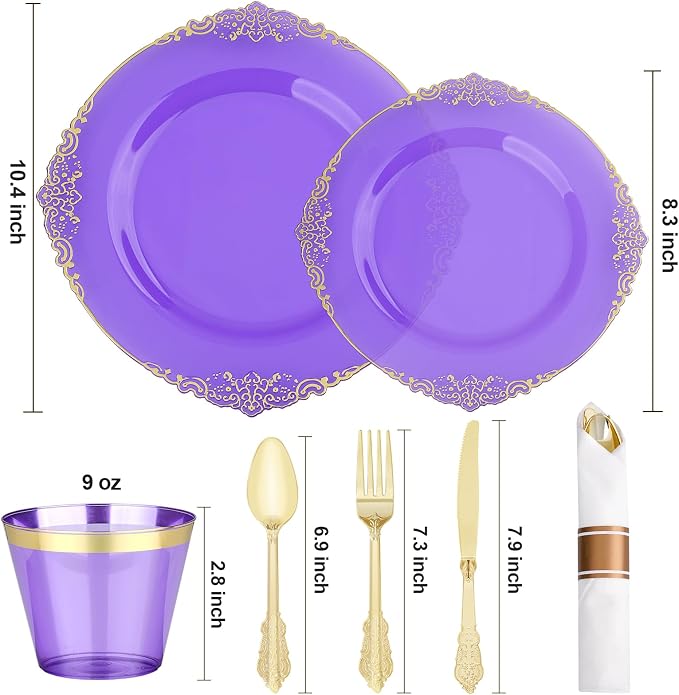 Bestluck 350PCS Purple Disposable Dinnerware