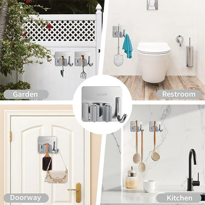 5 Pack Mop and Broom Holder Wall Mount, Silver Stainless Steel Mop and Broom Hanger with Hooks, Mop Broom Organizer for Closet Laundry Garage Garden Tool Organizer