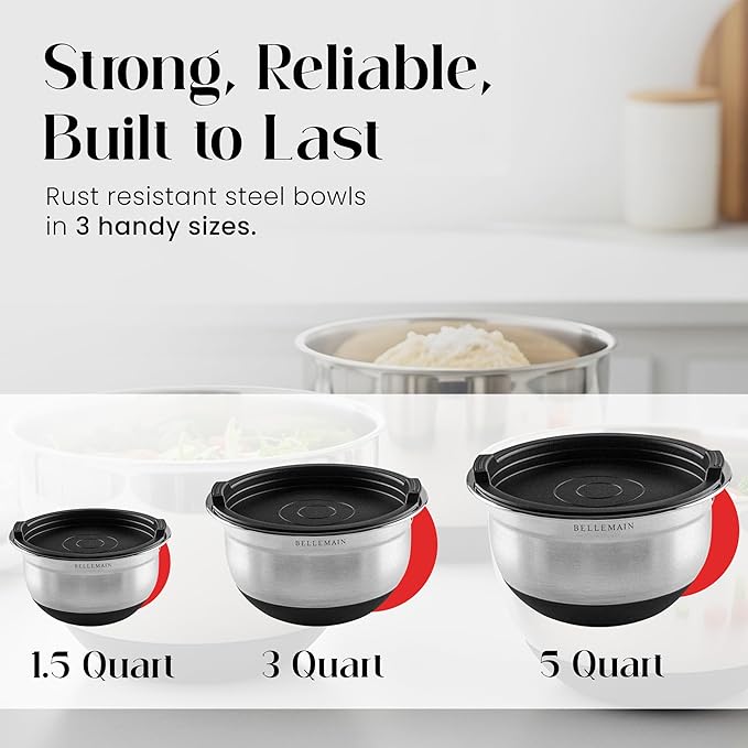 Bellemain Mixing Bowls with Lids Set - Stainless Steel Mixing Bowls with Airtight Lids - Food Storage Containers - 3PCS Set with Non-Slip Bottoms Kitchen Essentials for Baking - Serving