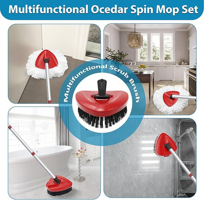 4 Pack Spin Mop Replacement Head Compatible with O Cedar EasyWring 1 Tank Microfiber, 30-58" Handle, Upgraded Triangle Mop Base and Scrub Brush Combo Set