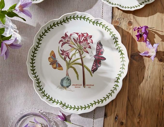 Portmeirion Botanic Garden Lotus Blossom Dinner Plates, Set of 4 - Mexican Lily Porcelain Plates with Butterfly Motif, 11.25" Floral Shape for Dining or Display - Oven, Microwave & Dishwasher Safe