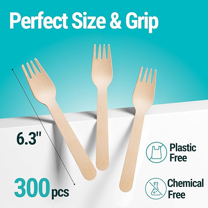 Disposable Wooden Forks For Eating - 300pcs - Heavy Duty & Sharp - Our Guilt-Free FSC Certified Wood Protects Forests - A Great Alternative to Bamboo Forks Disposable