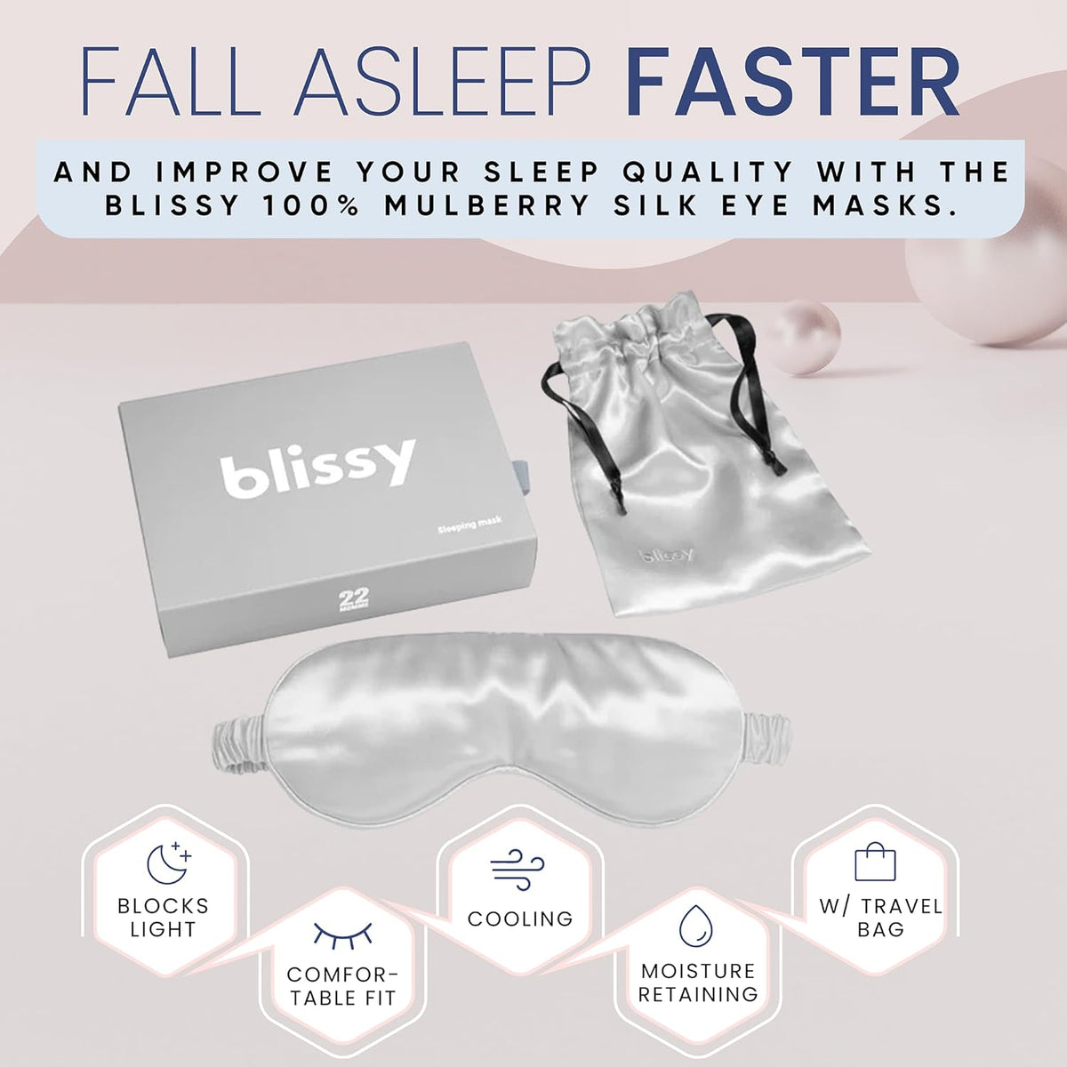 Blissy Silk Sleep Mask - Silk Eye Sleeping Mask for Women & Men for Total Blackout - 100% Pure Mulberry Silk, 22 Momme 6a Fibers - Blindfold Silk Sleep Mask Side Sleeper Eye Cover (Silver)