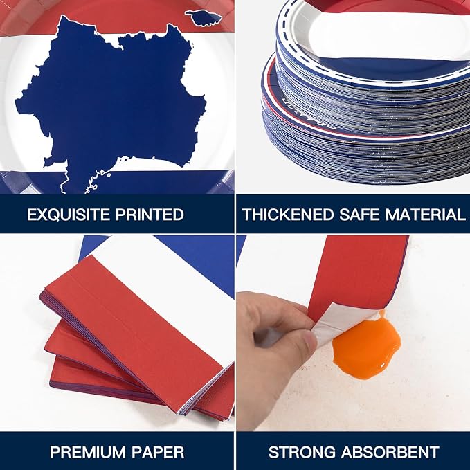 France French Flag Paper Plates and Napkins Party Supplies, Serves 60 | 180Pcs