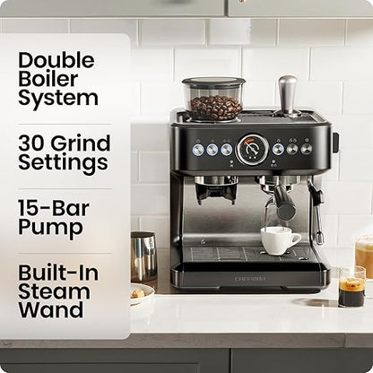 Chefman Crema Deluxe Espresso Machine with Double Boiler, Use Milk Frother and Brew Espresso Simultaneously, Professional Coffee Maker with Coffee Grinder and Steam Wand, 30 Grind Settings