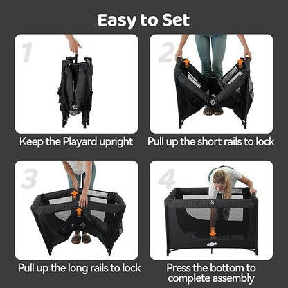Pamo Babe Portable Crib Baby Playpen with Mattress and Carry Bag (Black)