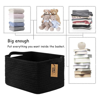 COMFY-HOMI 3PACK Cotton Rope Woven Basket With Handles for Shelves, Toy, Book, Cloth Storage Basket for Organizing|13.5" x 11" x 9.5" Decorative Nursery Cube Bin for Living Room（all Black）