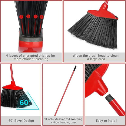 12 Pcs Heavy Duty Commercial Angle Broom 53 Inch Long Handle for Sweeping Indoor Outdoor - Garage, Courtyard, Patio, Lobby, Mall, Market, Shop, Sidewalk Floor (Red)