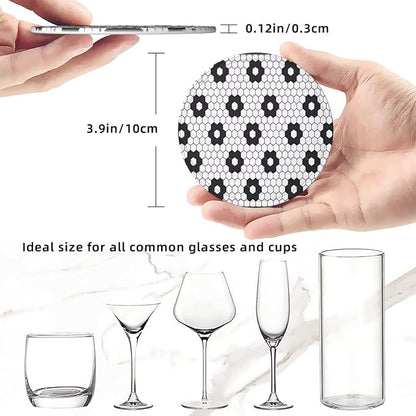 6 Pcs Black White Flower Hex Tile Print Floor Leather Coasters