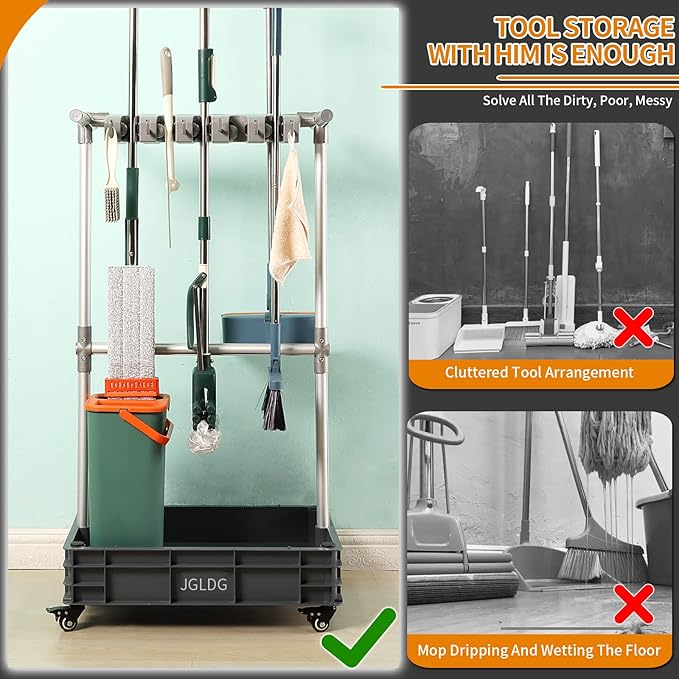 Broom mop Holder Cleaning Supplies Organizer Janitor carts on Wheels Housekeeping Station Storage Tools for Garage, Garden, Closet, Cabinet