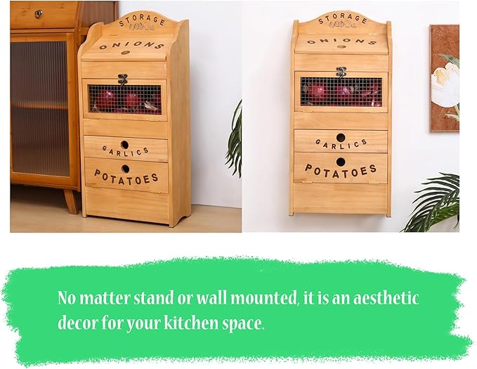 Potato Bin Veggie Organizer Rustic Pine Wood Potato, Onion & Garlic Storage Bin | Kitchen Organizer | Solid Wood Veggie Box | Compact Kitchen Box (13.77" L x 7.1" W x 29.3" H)