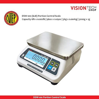 VisionTechShop DSW-100 Portion Food Scale with Dual LCD Display, Stainless Steel Platter, 6lb Capacity, 0.002lb Readability, Lb/Oz/Kg/g Switchable, Low Profile Design, NTEP COC #22-007, NSF Certified