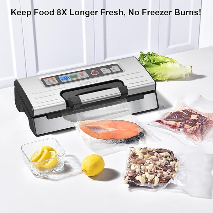 Vacuum Sealer Machine, 95kPa Food Sealer with Double Heat Seal for Dry/Moist Food, Easy-lock Handle, Built-in Bag Storage & Cutter, Progress Display, Removable Drip Tray, Silver