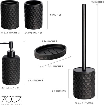 ZCCZ Bathroom Accessories Set 5 Pcs - Soap Dispenser, Toilet Brush, Toothbrush Holder, Tumbler, Soap Dish - Vintage Decor for Countertop Vanity Organizer, Black Bathroom Accessory Collection