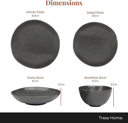 Trasa Home by Larder & Vine, Eco-Friendly High Fired Artisan Stoneware, Organic & Modern Dinnerware, 16 piece set, 4 place settings (Charcoal)