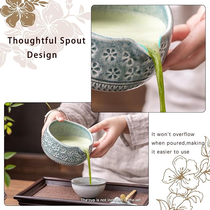 Matcha Whisk Set, Ceramic Matcha Kit Includes Matcha Bowl, Matcha Whisk and Holder, Bamboo Scoop, Scoop Rest, Sifter and Tea Towel - 7 Pcs Matcha Kit for Matcha Lovers (Blue)
