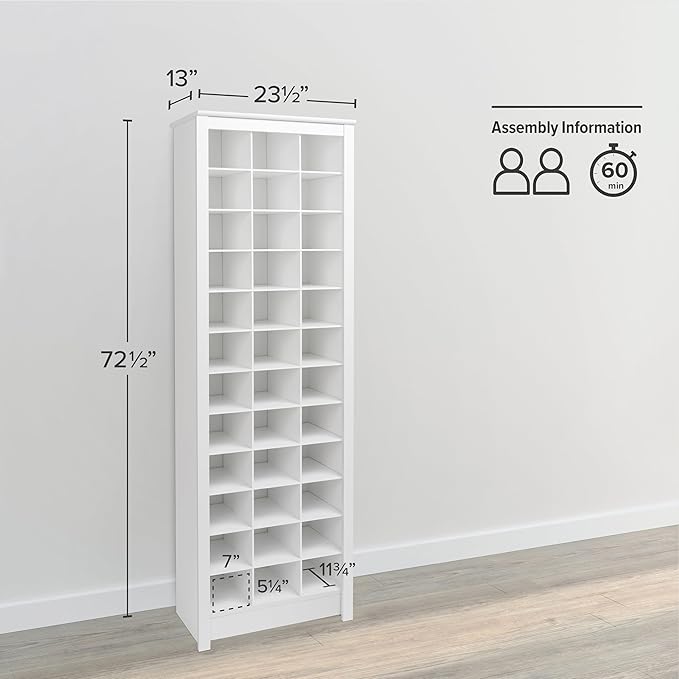 Prepac White Tall Storage Cabinet, Shoe Cabinet, Entryway Furniture with 36 Shoe Cubbies 13"D x 23.5" W x 72.5" H