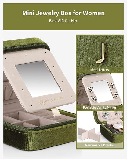Vlando Plush Velvet Travel Jewelry Case, Personalized Initial Jewelry Boxes for Women Girls, Mini Jewelry Travel Organizer Travel Essentials for Birthday Gifts - Letter J, Green