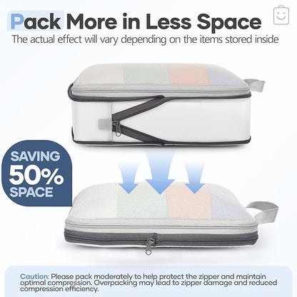 Veken 9/11 Set Compression Packing Cubes for Travel Essentials,Compressible Expandable Large Luggage Suitcase Organizer Bags for Clothing,Durable Space Saver Storage Bags with Toiletry Bags(White)