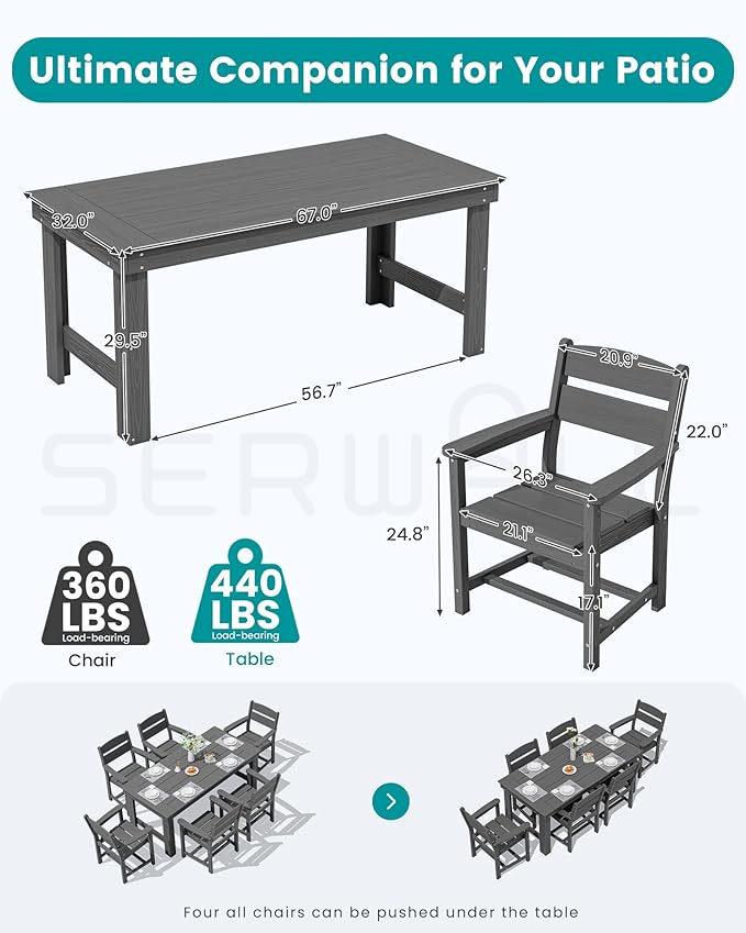 SERWALL Outdoor Dining Table Set, 67‘’ HDPE Patio Dining Set