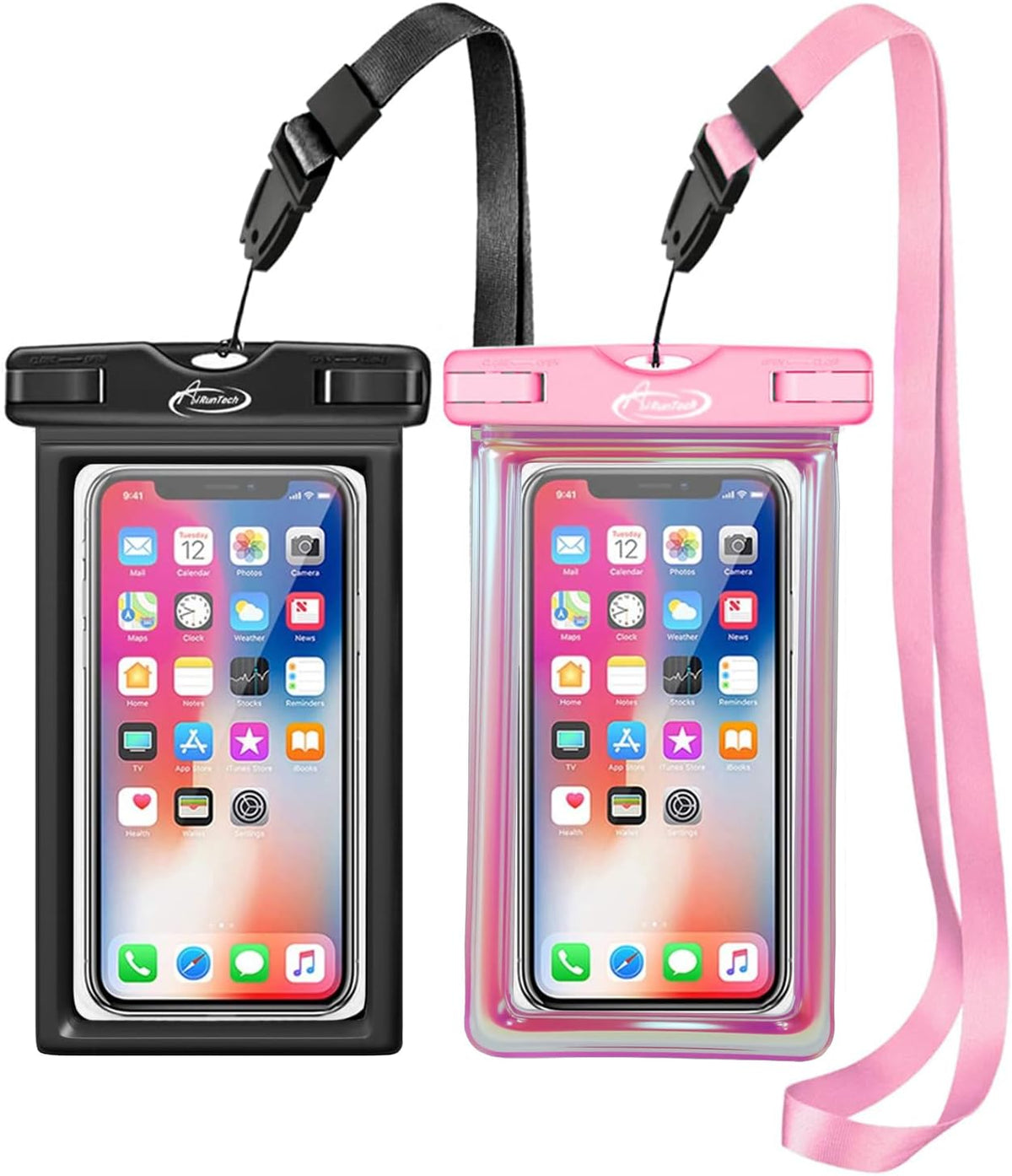 AiRunTech Waterproof Phone Pouch,Floating Waterproof Phone Case with Adjustable Lanyard,Beach,Cruise,Vacation Essentials,Summer Travel Phone Protector-2 Pack(Black + Pink)
