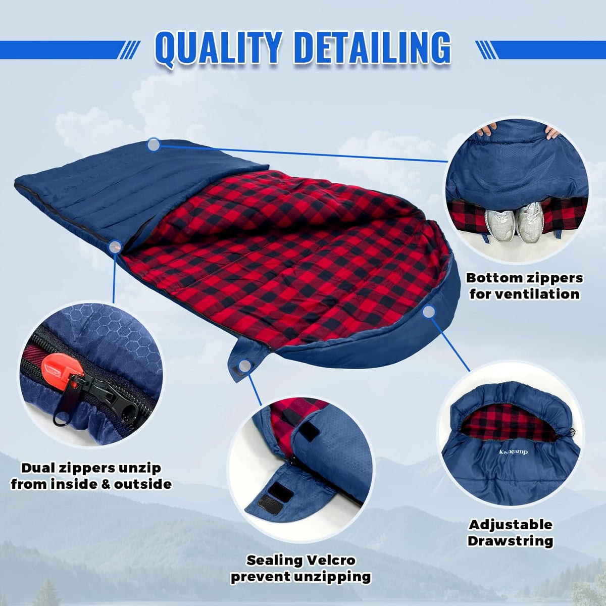0 Degree Sleeping Bag Cotton Flannel Winter Cold Weather for Adults XXL Sleeping Bag 4 Season Big and Tall with Pillow Compression Sack