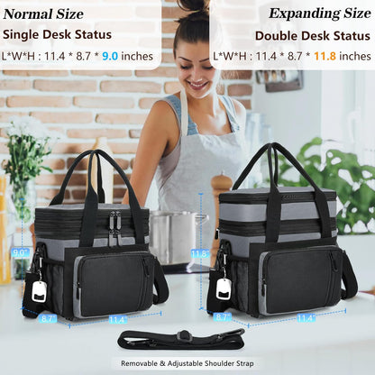 Insulated Lunch Bag Women & Men | Large Adult Lunch Box | Double-Layer Reusable Lunch Bags | Leak-Proof Tote Cooler Bag for Work Picnic Outdoors | 16L, Gray