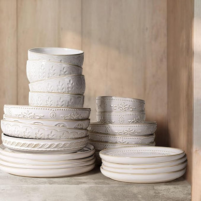 Artena Pasta Bowls, 50oz Large Salad Serving Bowls, 9.75'' Plates Bowls Set of 4, Big White Ceramic Soup Bowls for Kitchen, Embossment Shallow Dinner Bowl, Microwave Dishwasher Safe, Wheat Leaf