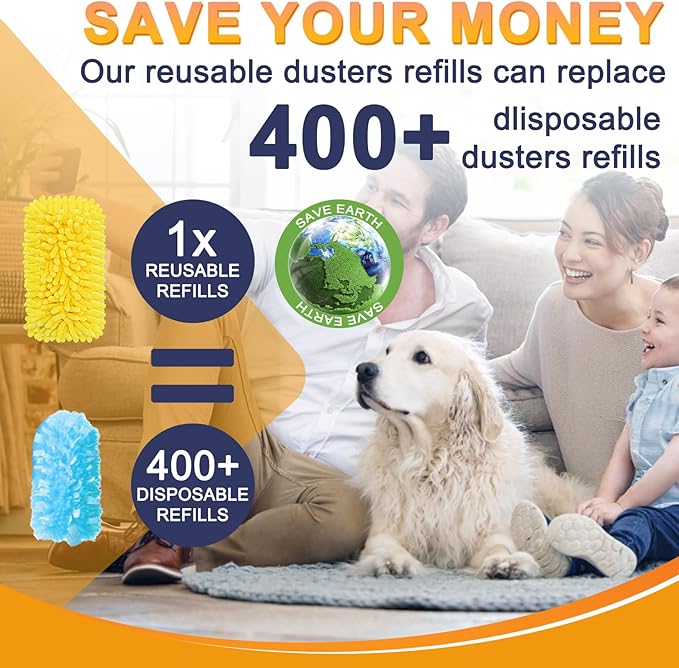 KeFanta Reusable Duster Refill for Swiffer, 360° Heavy Duty Duster Refills 8Pcs with 1 Handle, Washable Microfiber Dusters for Cleaning