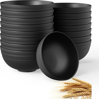 Quatish 16 PCS Unbreakable Cereal Bowls,Dishwasher & Microwave Safe Wheat Straw Bowls, Easy-to-Clean Lightweight Snack & Soup Bowl,Multi-Color Portable for Picnics Plastic Bowls Set, Black