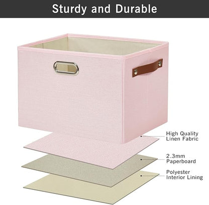 Large 3-Pack Foldable Fabric Storage Bins with Durable PU & Metal Handles, Collapsible Storage Baskets for Shelves, Home Storage, Closet Organizers, Living Room(14.9"x9.8"x9.8", Pink)