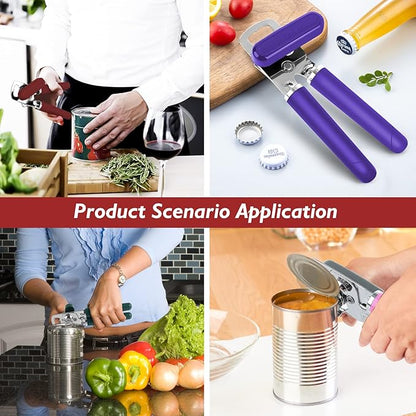 10 Colors Can Opener Manual Handheld Heavy Duty Hand Can Opener Smooth Edge Stainless Steel Can Openers Top Lid Kitchen Gadgets, Best Large Rated Easy Turn Knob, with Bottle Opener, Burgundy