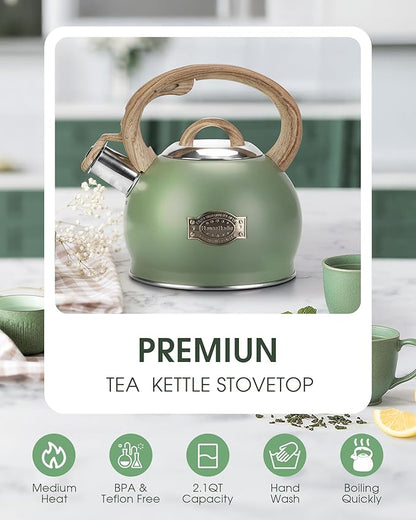Tea Kettle Stovetop, 2.1 Quart Stove Top Whistling Tea Kettle, Teapot Kettles with Food Grade Stainless Steel and Wood Pattern Folding Handle, Suitable for All Heat Sources