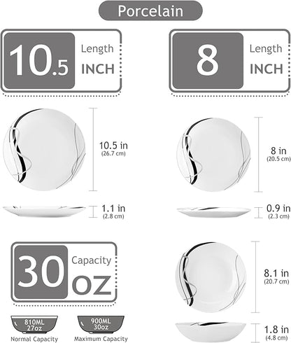 VEWEET Porcelain Dinnerware Sets for 6, 18 Pieces Plates and Bowls Set with Black and Grey Ribbon Lines, Dishes Set Dining Ware for Dinner, Microwave and Dishwasher Safe, Series FIONA
