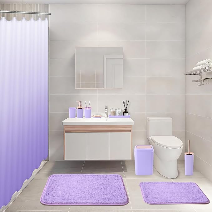 Bathroom Accessory Set–Bathroom Sets with Shower Curtain and Rugs, Non Slip Bathroom Rugs Super Absorbent, Light Purple Ombre Shower Curtain with Hooks, Lavender Bathroom Sets Complete for Home