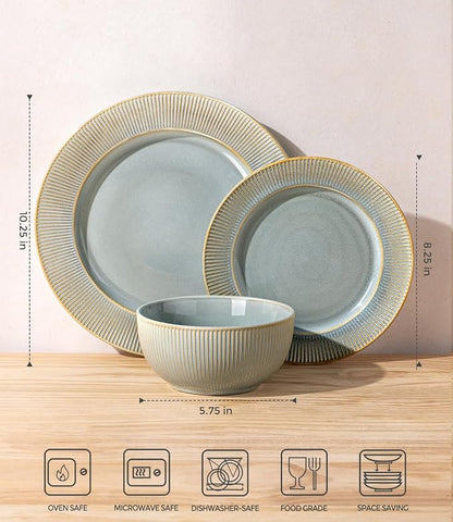 Ceramic Dinnerware Set for 4, 12-Piece Plates and Bowls Set | Lightweight