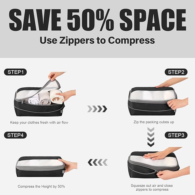 6 Set Compression Packing Cubes for Travel, Bonus Versatile Drawstring Backpack, Lightweight Luggage Organizer Bags, Sturdy Travel Accessories for Suitcase, Black