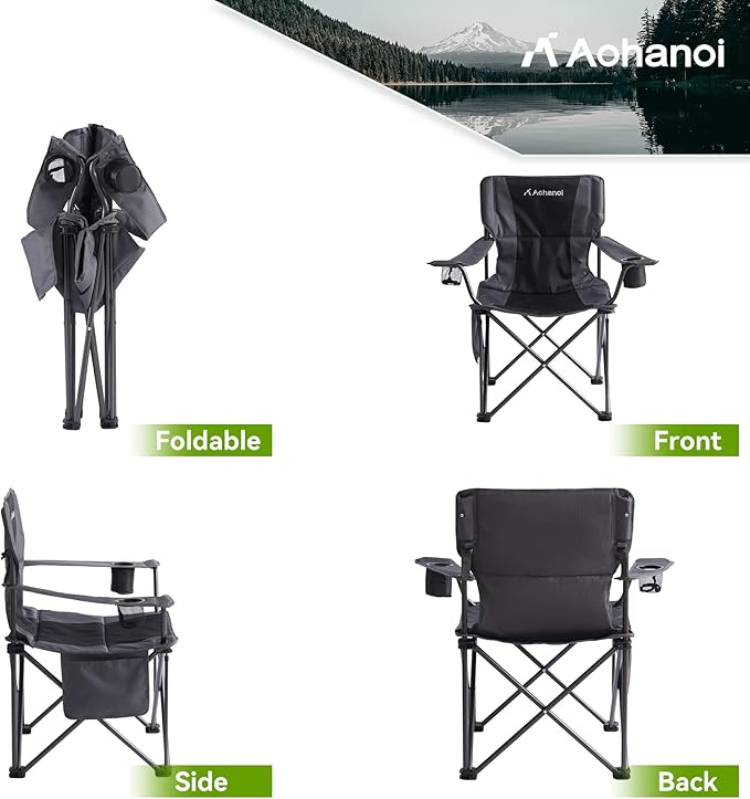 Oversized XL Camping Chairs for Adults, Padded Folding Camp Chair with High Back, Cup Holder & Side Pocket for Outside, Lawn, Beach, Fishing, Sports, Folding Heavy Duty Chairs, Black