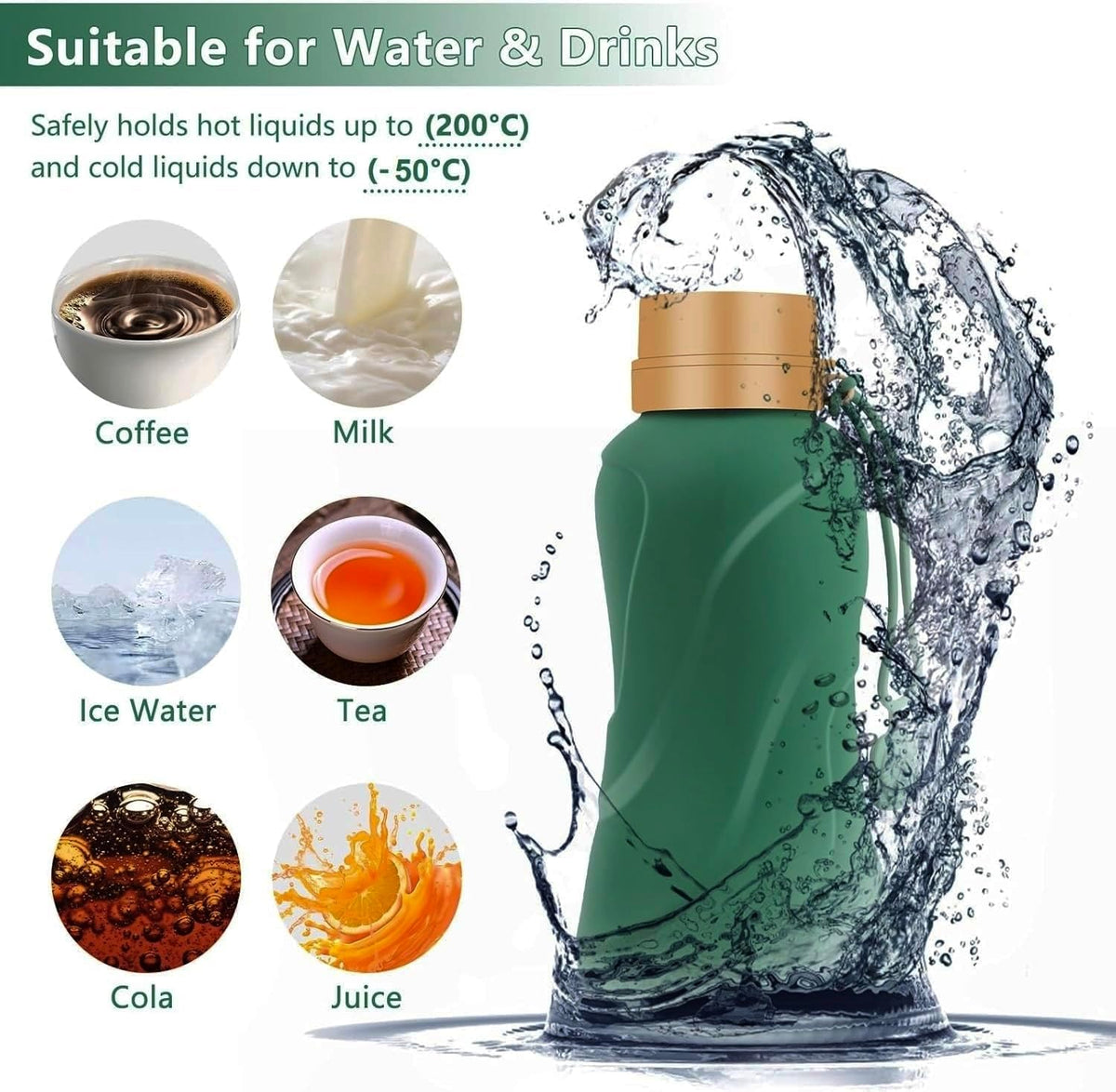 Collapsible Water Bottles,650ml,Leak Proof,Reuseable BPA Free Silicone Foldable Water Bottles,Durable Lightweight for Travel Gym Camping Hiking,Compact Size Portable Sports Water Bottle (Dark Green)