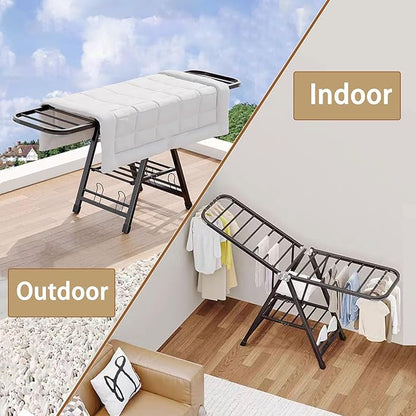Mimiblack Heavy Duty Clothes Drying Rack Foldable with Wheels, 71'' Extra-Thick Metal Laundry Dryer Stand, 27 Rods Free-Standing for Indoor/Outdoor Windproof Use - Large Size