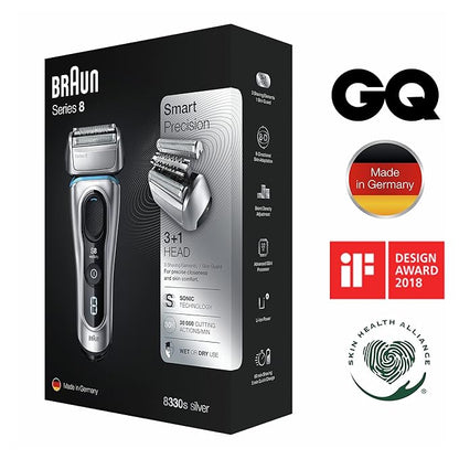 Braun Series 8 8330s Next Generation, Electric Shaver for Men, Rechargeable and Cordless Razor, Silver, Fabric Travel Case, Wet and Dry, Foil Shaver